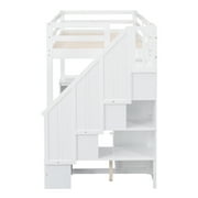 Pinovk Twin Size Loft Bed with L-Shaped Desk and Drawers, Cabinet and Storage Staircase, White