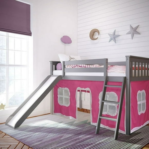 Max & Lily Twin Loft Bed, Wooden Low loft Bunk beds for Kids with Slide and Pink Curtain, Grey