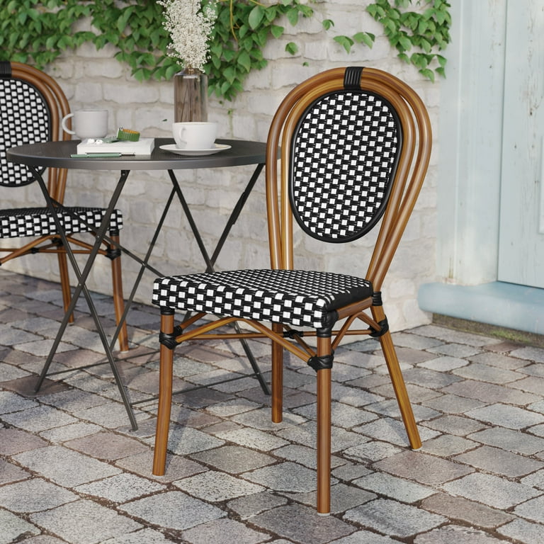 Flash Furniture Outdoor Patio Metal Dining Chair French Bistro Stacking Woven PE Rattan Bamboo Print Frame Walmart