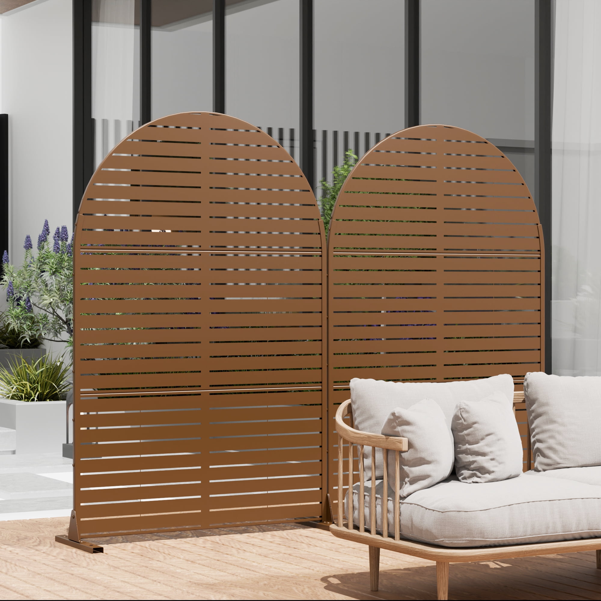 MAYEERTY 72×47" Arched Outdoor Brown Metal Privacy Panel Screen for Backyard & Garden, Louvered Pattern