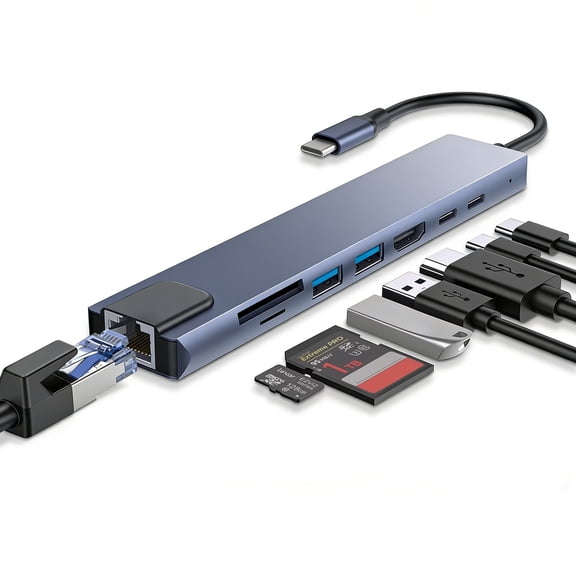 8-in-1 USB C Hub, 4K USB C To HDTV Hub, Type C Adapter, Dock Dongle, USB-C Hub with 4K HDMI, Ethernet, USB 3.0 & SD/TF Card Reader