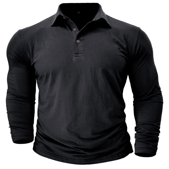 SwiftWear Long Sleeve Golf Shirts for Men Solid Color Lapel Button Polo-Shirt Slim Fit Comfort Tops, Black S