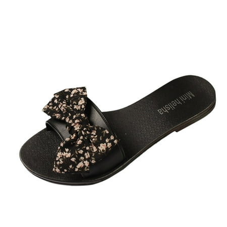 

CBGELRT Slipps Shoes for Women Indoor Walking Casual Shoe Elegant Bow Rural Floral Slippers Women Sandals Floral Bowknot Fashion Flat Bottom Daily Summer Outwear Casual Beach Flat Slippers Female Bla