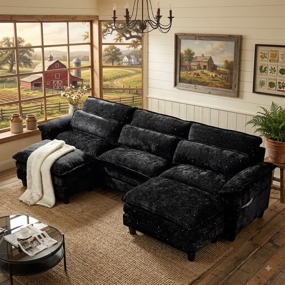 EPOWP 113'' Modular U Shaped Cloud Couch, 3-Seat Sectional Sofa with Movable Ottoman, Deep Seat Convertible Sofa with USB Side Pockets & Charging, Black
