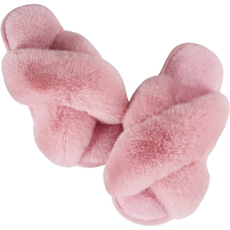 

Womens Fuzzy Memory Foam Slippers Cross Band Cozy Plush Home Slippers Fluffy Furry Open Toe House Shoes Indoor Outdoor Slide Slipper