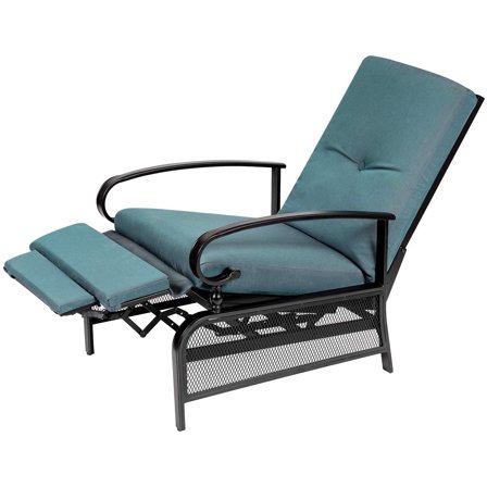 SOLAURA Outdoor Patio Lounge Chair, Adjustable Recliner with Retractable Metal Frame and Removable Thick Blue Cushions
