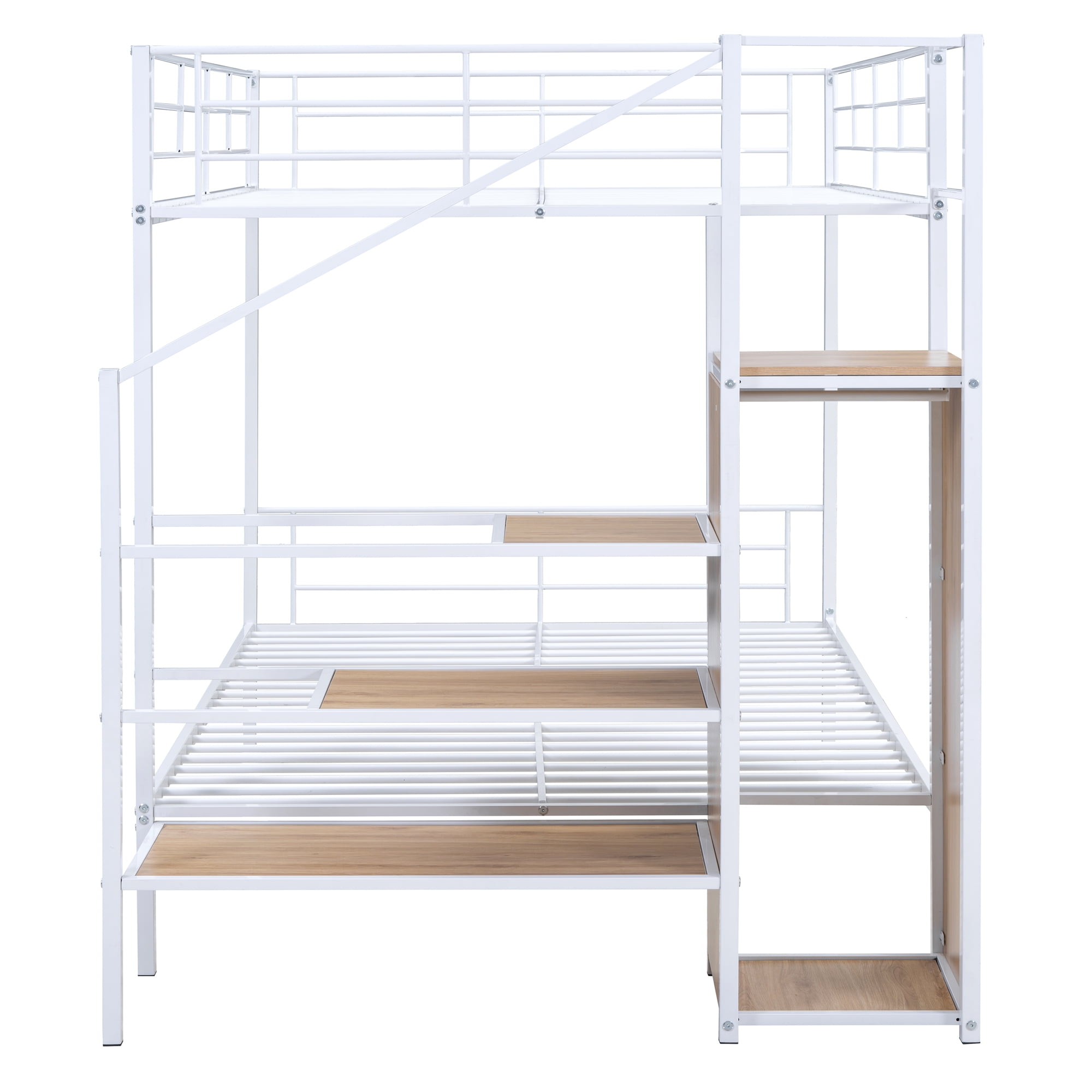 Euroco Metal Full over Full Bunk Bed with Staricase and Open Wardrobe, White