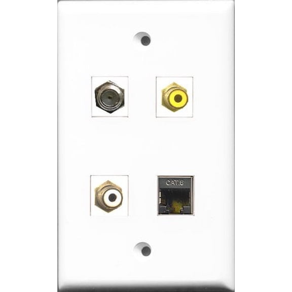 RiteAV 1 Port RCA White and 1 Port RCA Yellow and 1 Port Coax Cable TV- F-Type and 1 Port Shielded Cat6 Ethernet Wall Plate
