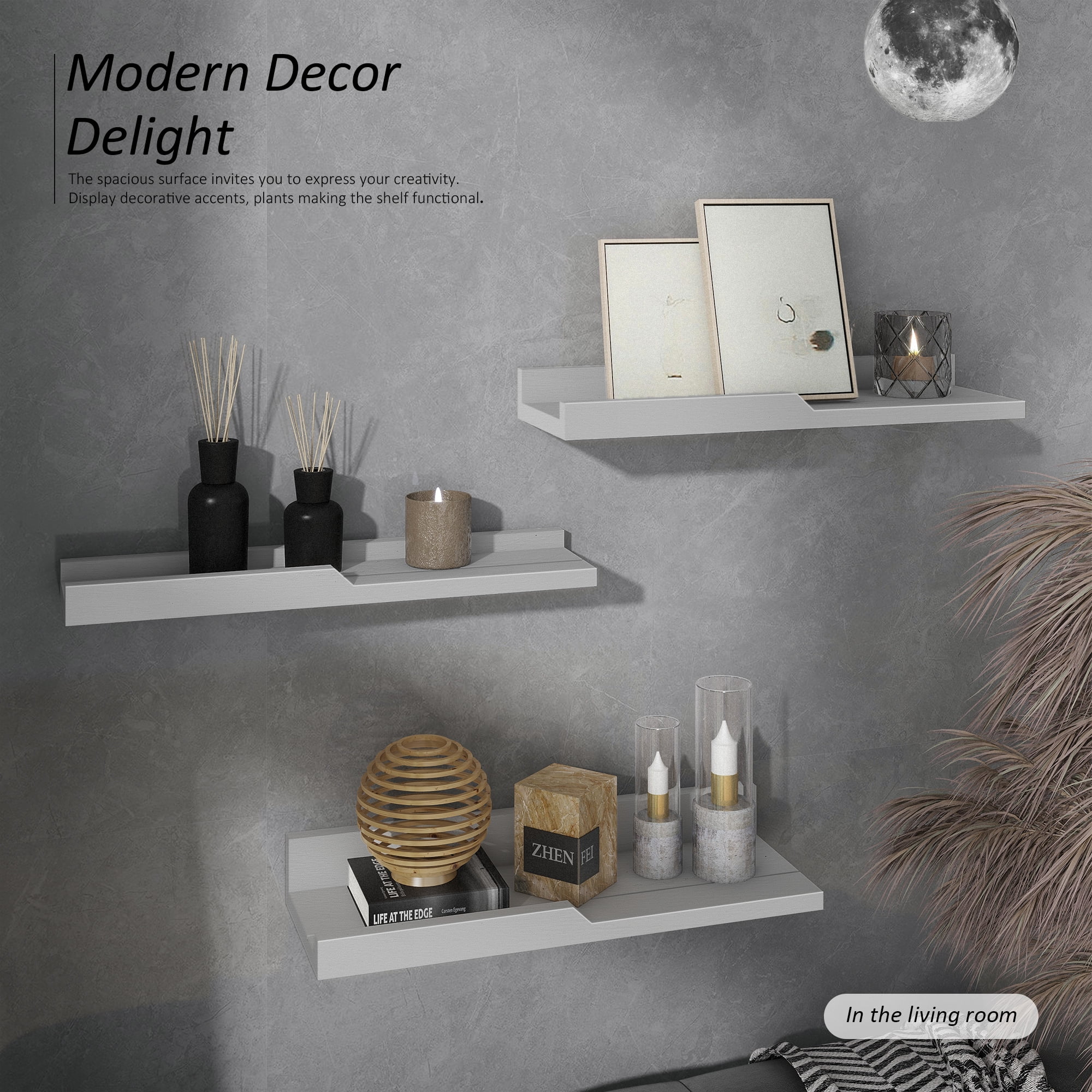Rebee Vision Modern Floating Shelves for Wall : Farmhouse Bathroom Shelves Wall Mounted Set of 3 for Home Storage and Small Shelf for Display Aesthetic - Rustic Apartment Decor (Stylish Gray)