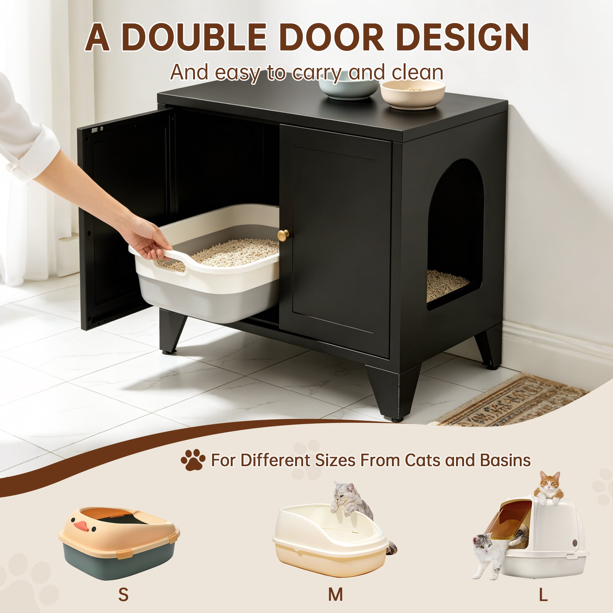 Modern Black Metal Cat Litter Box Enclosure, Hidden Litter Box Furniture Freestanding Pet Washroom Cabinet, Decorative Indoor Pet Side Table Fits Most Standard Litter Boxes