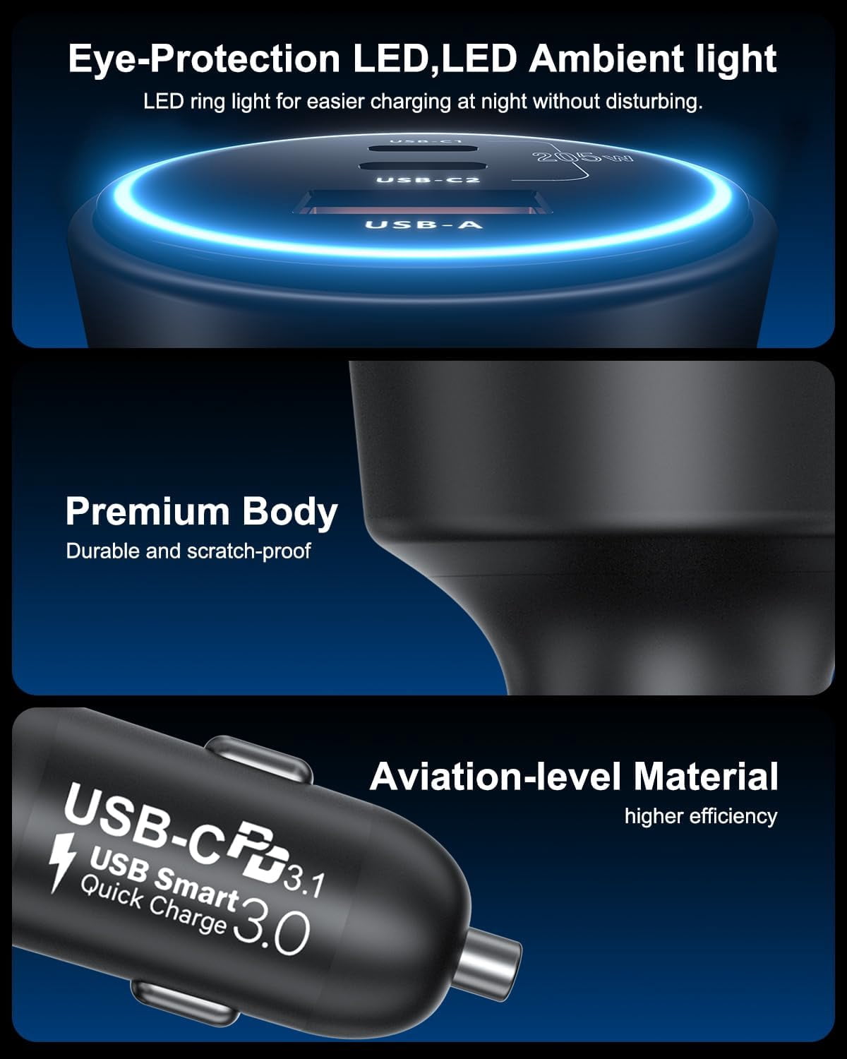 205W Super Fast Car Charger, USB C PD3.1/QC5.0 3-Port for iPhone 16/Samsung S25/MacBook, 12V-24V Truck Charger with LED & 6 Protections