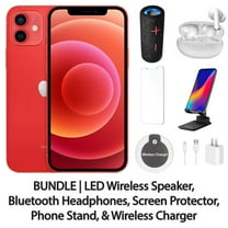 Restored Apple iPhone 12 64GB Red Fully Unlocked Bundle: LED Wireless Speaker, Bluetooth Headphones, Screen Protector, Wireless Charger, & Phone Stand (Refurbished)