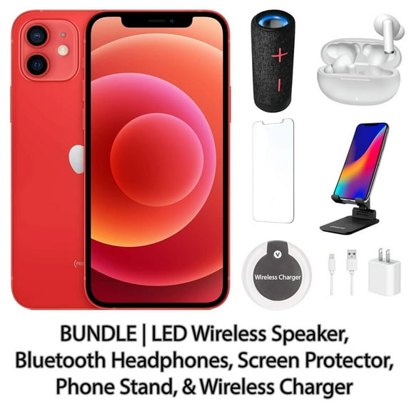 Restored Apple iPhone 12 64GB Red Fully Unlocked Bundle: LED Wireless Speaker, Bluetooth Headphones, Screen Protector, Wireless Charger, & Phone Stand (Refurbished)