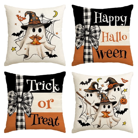 Sm:)e Black Trick or Treat Ghost Pumpkin Happy Halloween Pillow Covers 18x18 Inch Set of 2, Cushion Covers for Sofa Home Decor