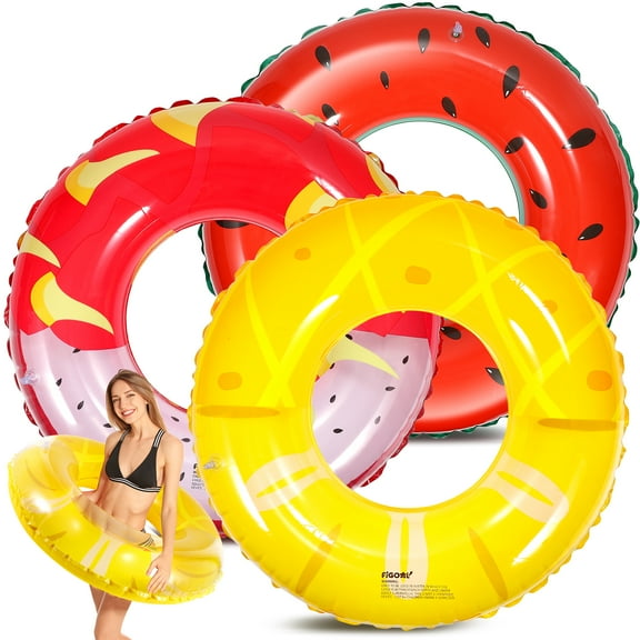 FiGoal 3 Pack Summer Swimming Float Semi Circle with Watermelon, Lemon, and Dragon Fruit Swimming Pool Ring Funny Pool Tube Toys