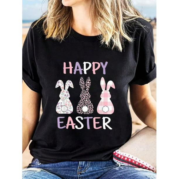 100% Cotton Happy Easter Cute Pink Leopard Plaid Flower Bunny Rabbit T-Shirt Tee For Adult, Men, Women, Teen, Teenager, Adolescent, Youth.