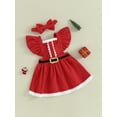thumbnail image 3 of Liacowi Toddler Girls Christmas Dress Red Ruffle Sleeve Belt Front A-line Dress with Headband Baby Christmas Santa Cosplay Party Outfit 6M-4T, 3 of 8