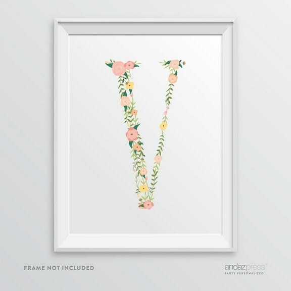 V Monogram Wall Art Letters, Coral Floral Roses