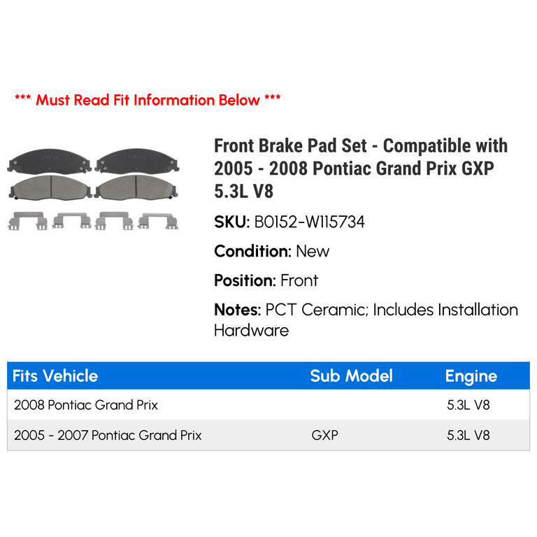 Front Brake Pad Set - Compatible with 2005 - 2008 Pontiac Grand