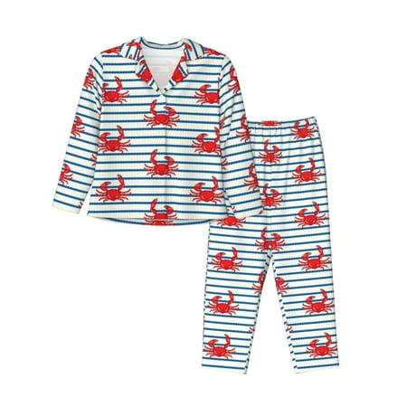 Picia Cute Red Crabs With Nautical Pattern Womens Long-Sleeve Sleepwear Set - Soft 2-Piece Loungewear with Pockets  Comfy PJs for Relaxing Nights-Medium