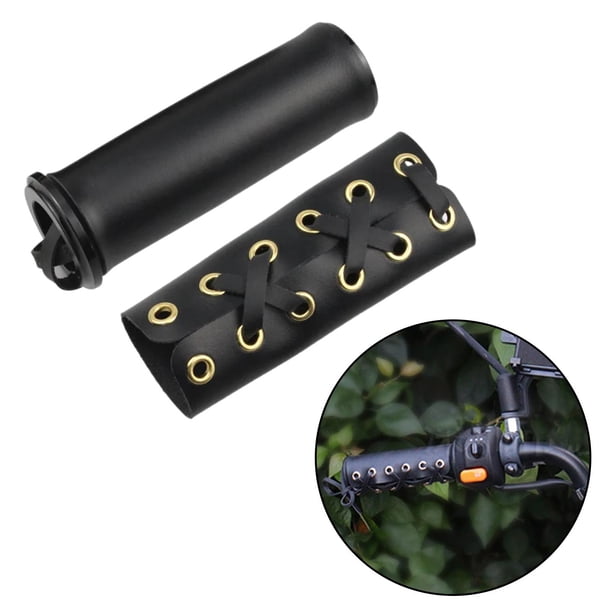2x cubiertas de agarre de mano para manillar de cuero de motocicleta con correa resistente a la lluvia Negro