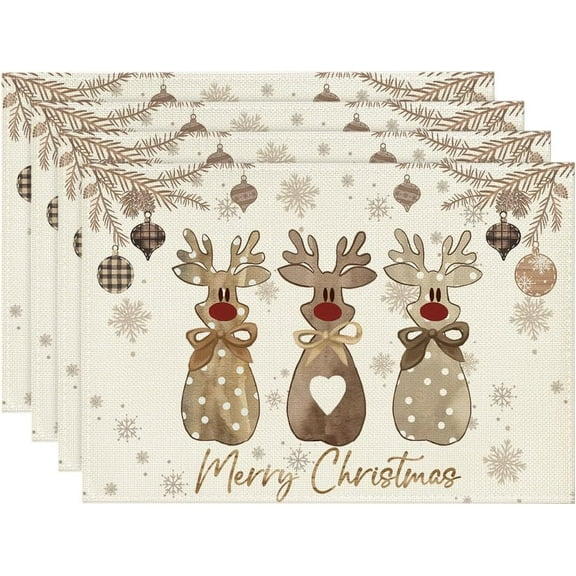 Wood Reindeer Christmas Placemats Set of 4, 12x18 Inch Seasonal Winter Holiday Place Mats for Party Dining Table