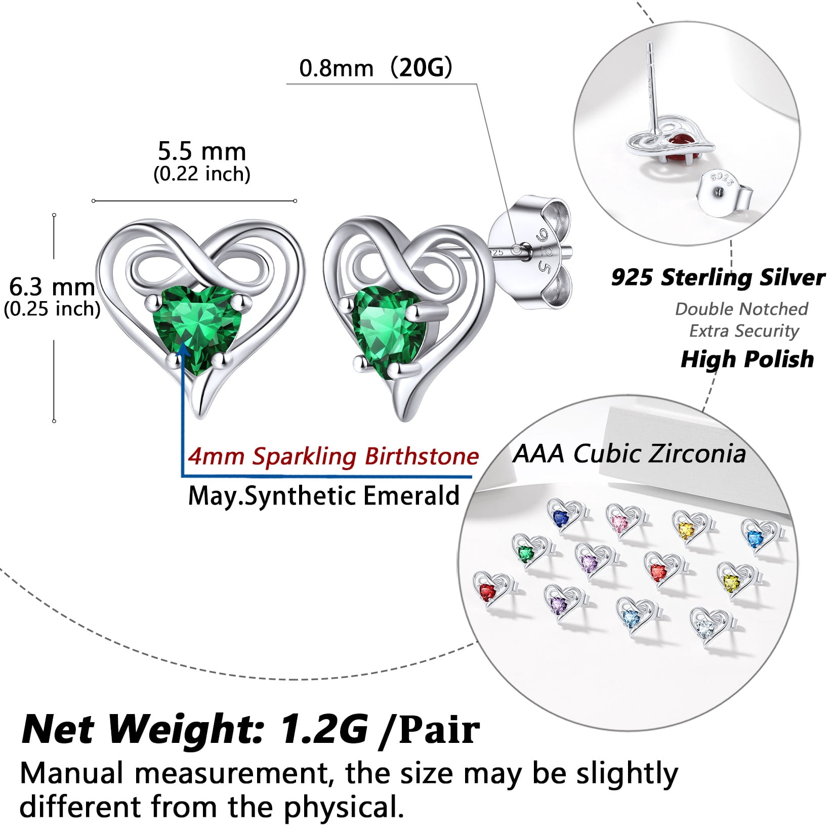 Silvora Dainty Birthstone Earrings for Women Sterling Silver Inifinity Heart Stud Earring Birthday Christmas Valentines Jewelry Gift, Green Emerald