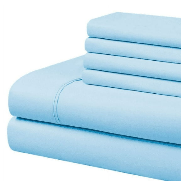 Bed Sheet Set 6 Piece - 30" inch Deep Pocket - 600 Thread Count - 100% Egyptian Cotton - Extra Soft and Luxury - Light Blue Solid, Twin XL Size.