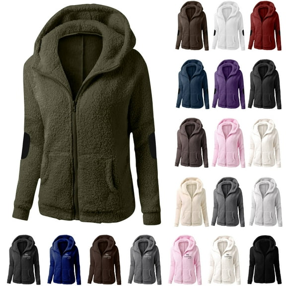 DDAPJ pyju Womens Winter Fuzzy Fleece Jackets ,Lightweight Plush Hooded Jacket Solid Color Zip Up Hoodie Coat Plus Size Warm Outwear with Pockets - 5XL