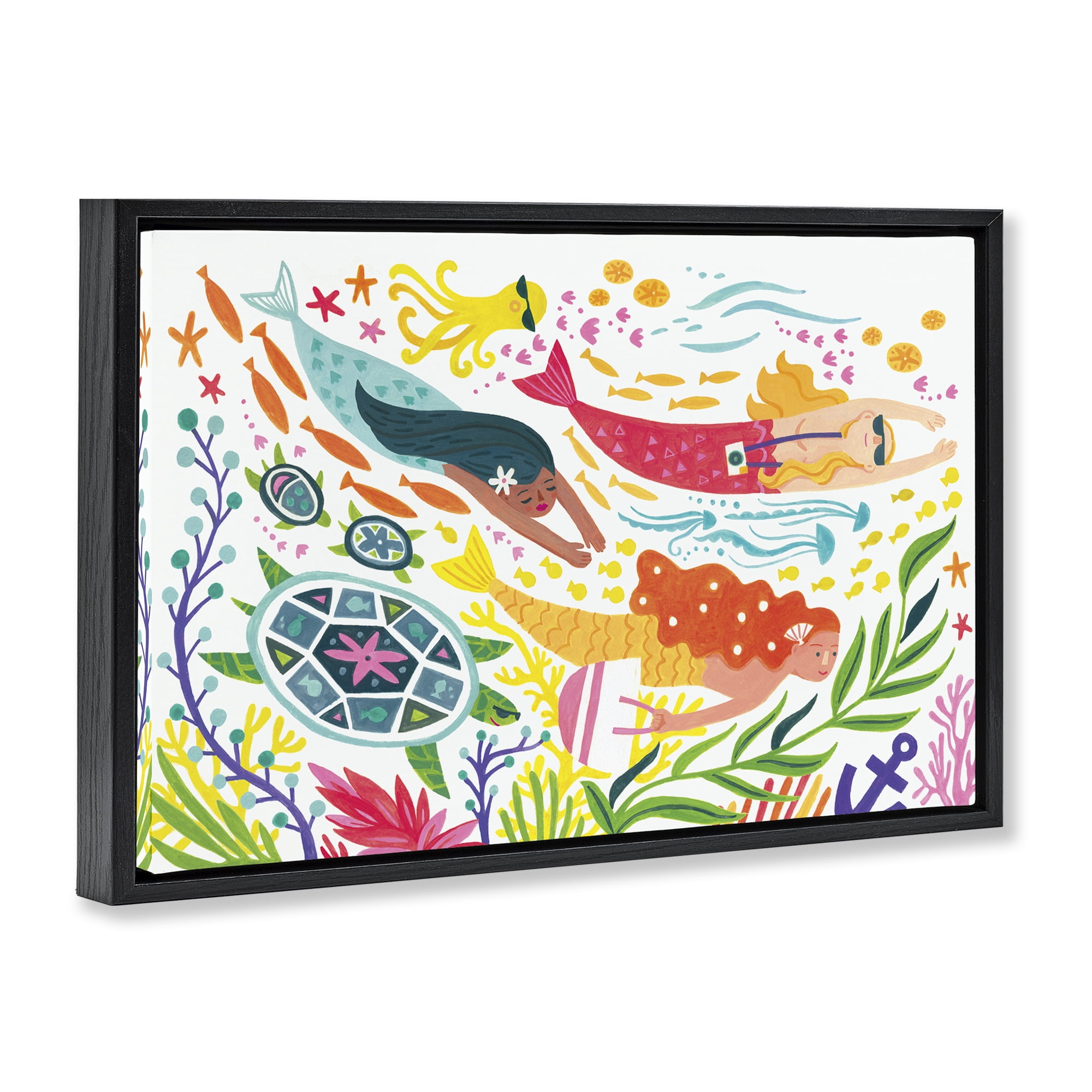 Stupell Industries Underwater Swimming Mermaids Fantasy & Sci-Fi Painting Black Floater Framed Canvas Art Print Wall Art, 25 x 17