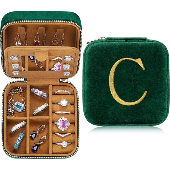 Christmas Gift for Women - Stocking Stuffers, Plush Velvet Travel Jewelry Case Organizer, Small Jewelry Box Custom, Birthday Gift for Women Her, Personalized Gifts - Letter C, Green