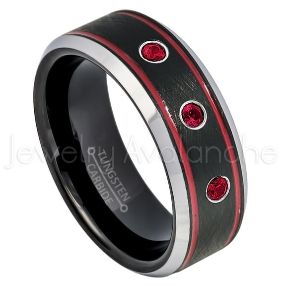 Tri-Color Black Red Stripe Tungsten Ring - 0.21ctw Ruby 3-stone Band - Personalized Tungsten Wedding Ring - Custom Made July Birthstone Ring TN745BS