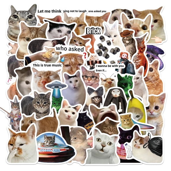 Cat Meme Stickers, Funny Cat Stickers for Journaling Adults Kawaii,Cute Waterproof Vinyl Sticker for Water Bottles Laptops 50Pcs