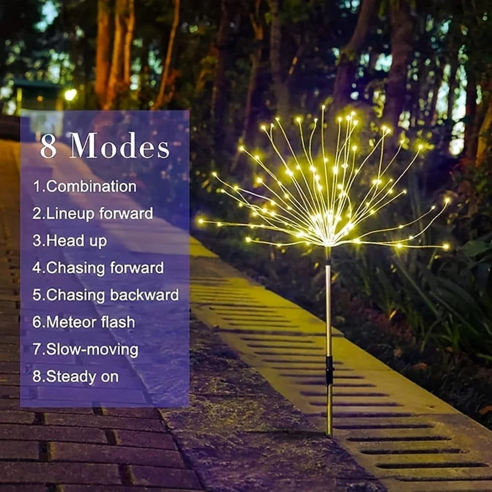 Tianle Solar Firework Lights, 2 Pack Solar Garden Lights 200 LEDs 8 Lighting Modes Solar Lights Outdoor Waterproof for Garden Path Yard Patio Walkway Pathway Party Wedding Decorative (White)