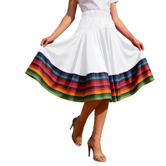 Arlun Women's Mexican Midi Skirts Plus Size Elastic High Waist Folklorico Dance Skirts Fashion Colorful Printed Loose Flowy Pleated Skirt 2026 Bohemian Summer Casual Wear White XL
