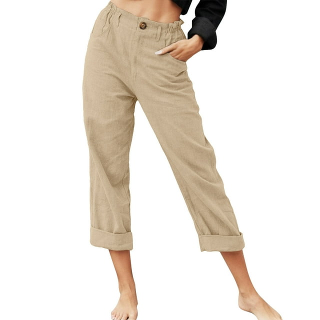 Women's Casual Solid Color Pants - Pockets, Zipper Elastic Button Waist, Long Trousers for Daily Wear
