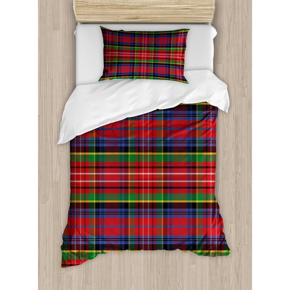 Plaid Duvet Cover Set, Caledonia Scottish Traditional Pattern Tartan