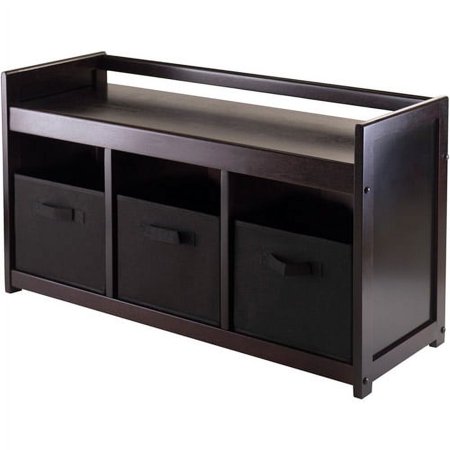 Winsome Wood Addison 4-Pc Set Storage Bench & 3 Foldable Black Fabric Baskets Espresso Finish