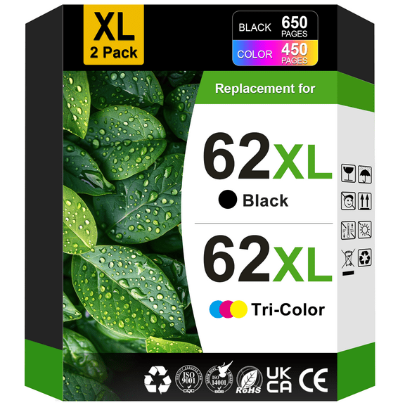 62XL Ink Cartridges Compatible for HP 62 Ink Cartridges for HP Ink 62 for 62XL Ink (Black, Tri-color)