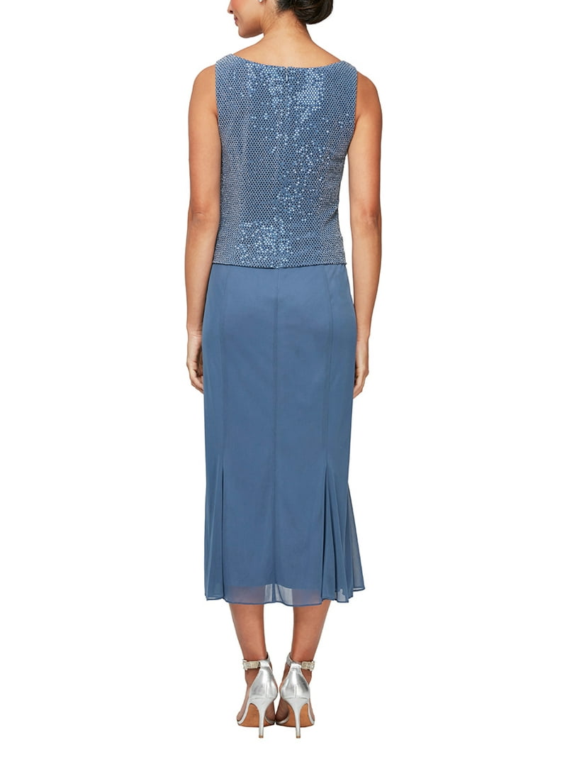 Alex Evenings Sqaure Neck Tea Length Dress with Mandarin Neck Jacket-WEDGEWOOD / 10, Women's