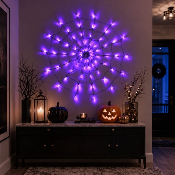 Halloween Spider Web String Lights, Purple LED Glow, 51.1 inch 1 Pack, Halloween Decoration Light for Haunted House Party Indoor Outdoor Holiday Patio Yard Decor