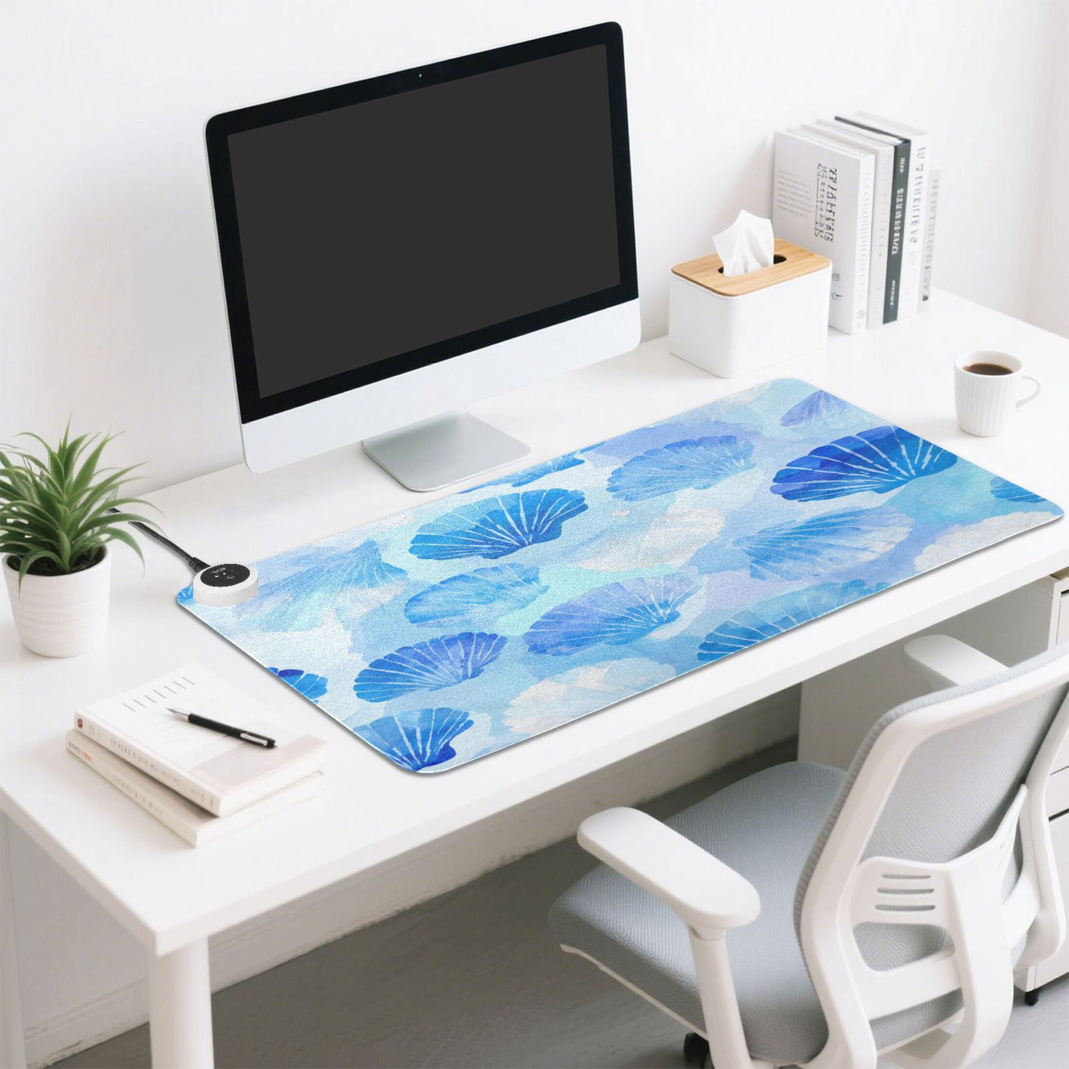 Large Heated Desk Mat Mouse Pad 31.5"x13"PU Leather Graphene Heating Desk Warmer with 3 Temperature Settings 110V US Plug Non-Slip Warm Pad for Home, Office, and Gaming Blue Scallop Shells Watercolor