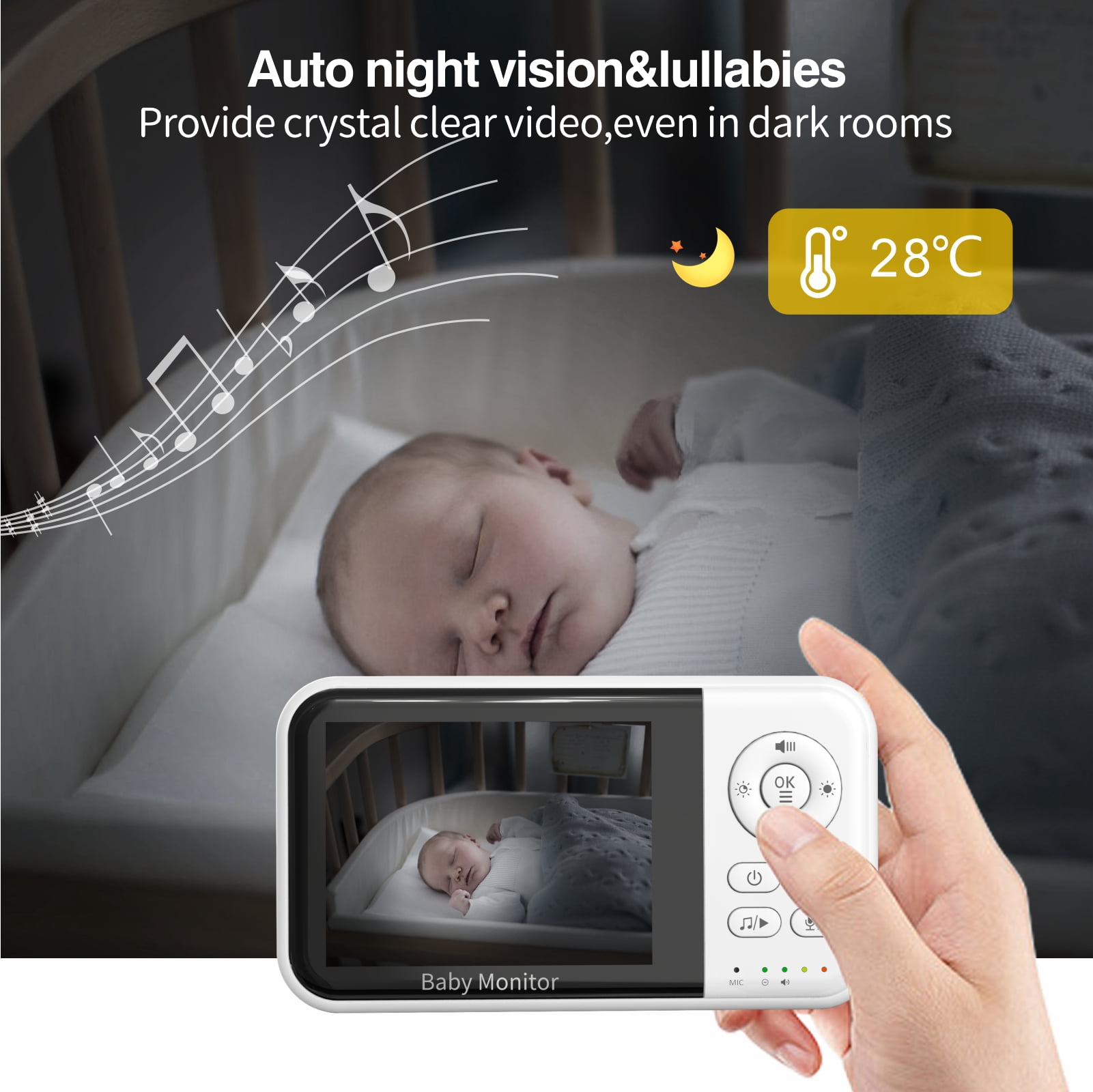 Fenbeli Baby Monitor with Camera and Audio, 3.2'' HD Screen Baby Camera for Baby/Elderly, ECO/VOX Mode, Night Vision