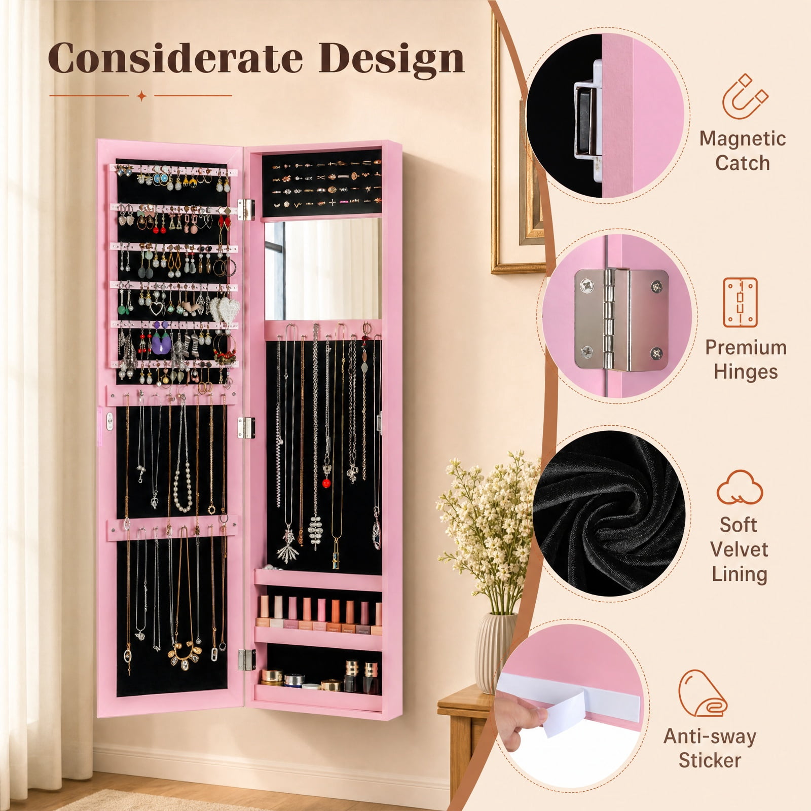 Furnibear Jewelry Cabinet Wall or Door Mounted Jewelry Armoire Modern Hanging Jewelry Organizer for Bedroom Dressing Room Jewelry Necklace, Pink