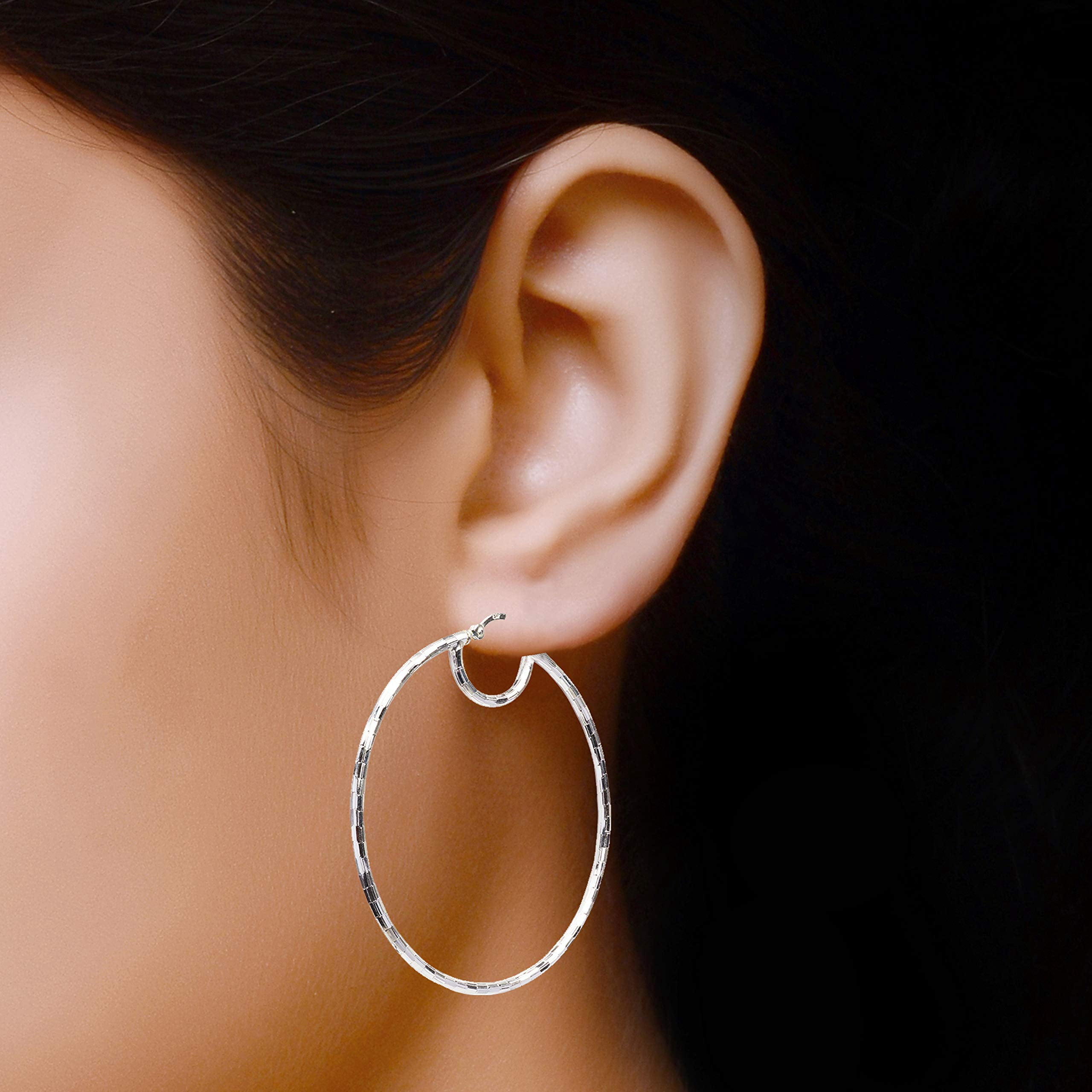 LeCalla 925 Sterling Silver Hypoallergenic Light-Weight Italian Diamond-Cut Click Top Large Hoop Earrings for Women and Teen 70MM