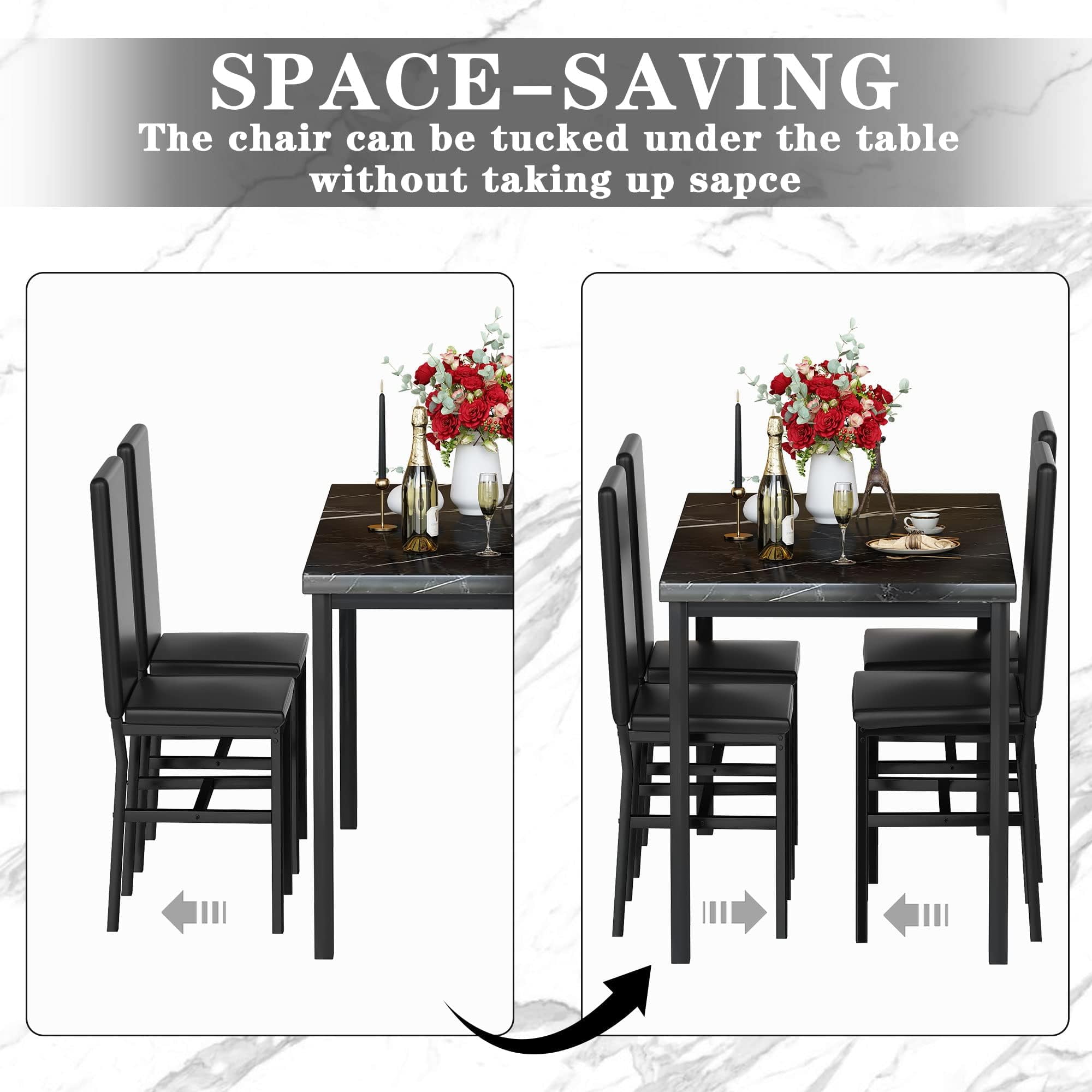 LinkRomat Dining Table Set for 4, Faux Marble Kitchen Table Set with 4 Leather Upholstered Chairs, 5 Piece Modern Dinette for Dining Room