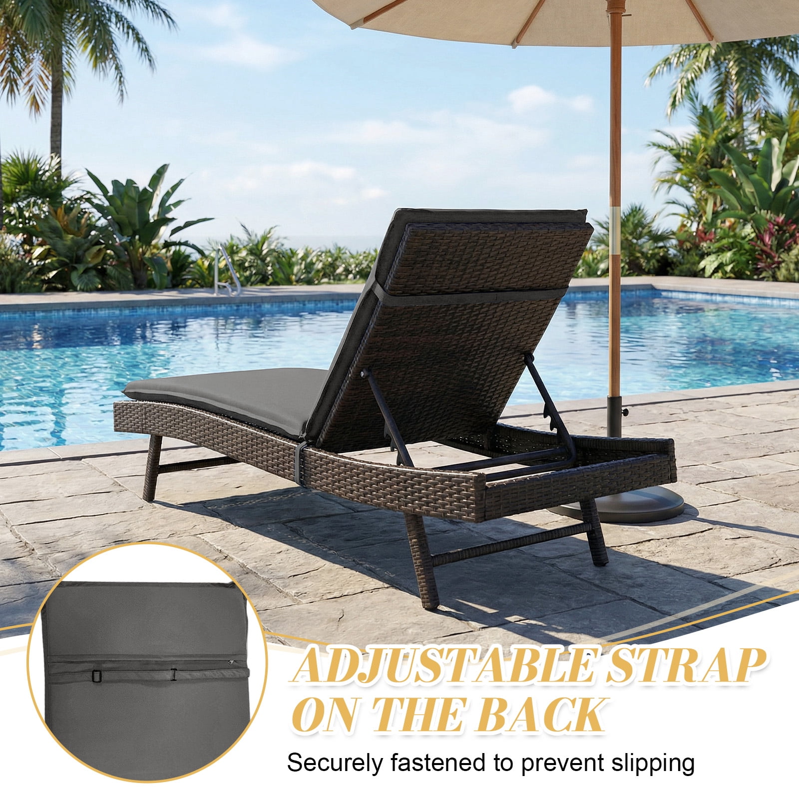 Eurhowing Outdoor Chaise Lounge Cushion 76"×23"×3", Waterproof Thick Patio Furniture Cushions with Straps, High-Density Foam Chair Pads for Poolside & Deck, 1 Pack, Dark Gray