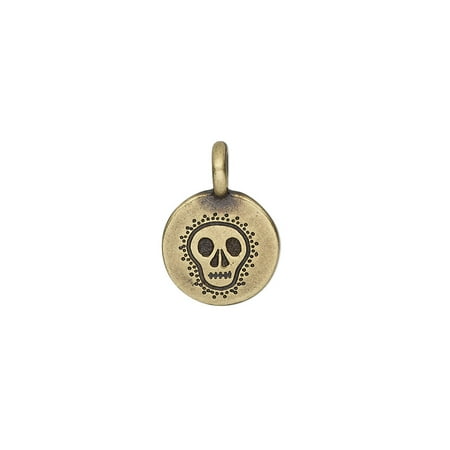 

Drop TierraCast antique brass-plated pewter (tin-based alloy) 12mm single-sided flat round with fancy skull. Sold per pkg of 2.