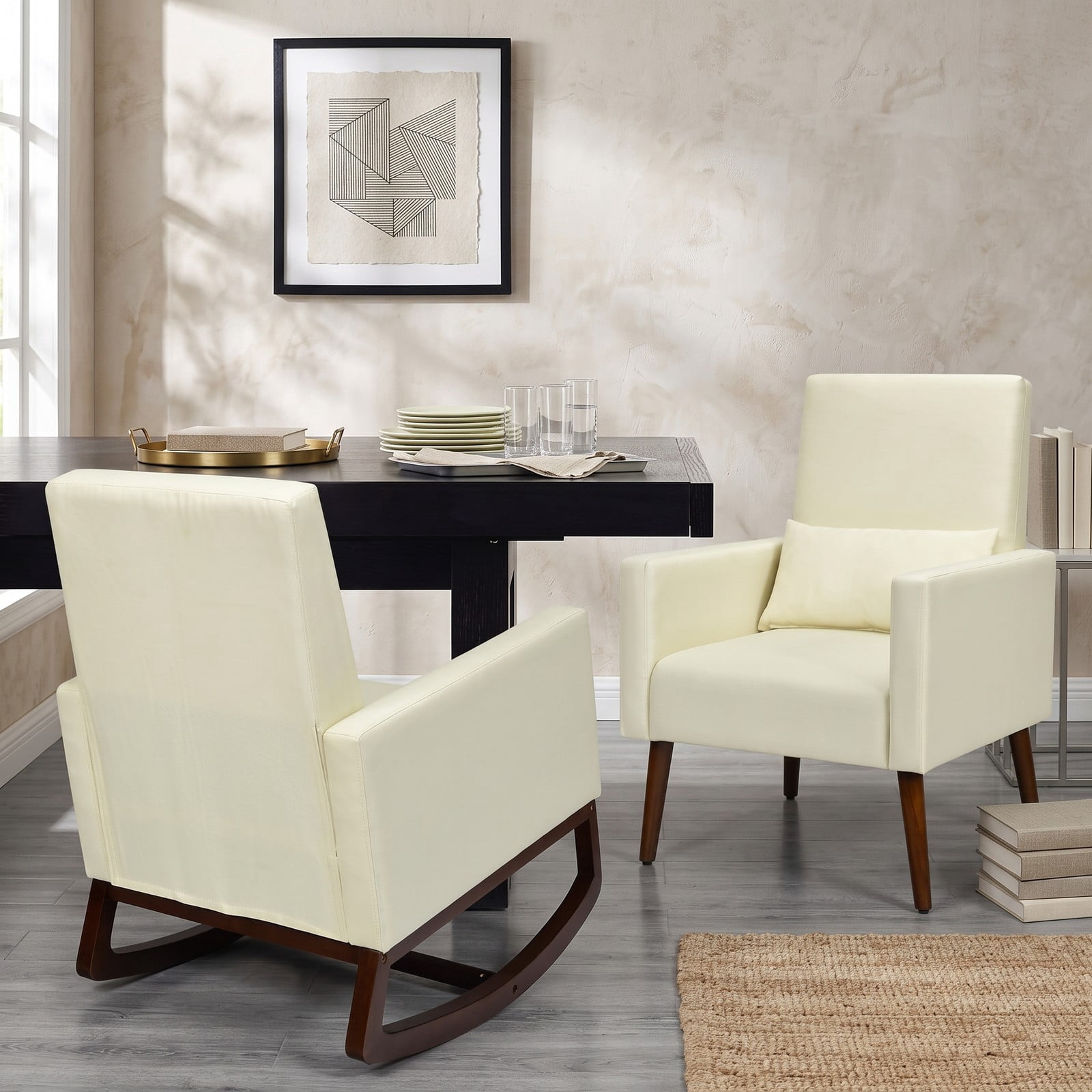 Furnibear 2-in-1 Upholstered Rocking Chair, Linen Fabric Nursery Glider Accent Armchair with Removable Pillow, Convertible Rocker to Stationary Chair, Solid, Beige