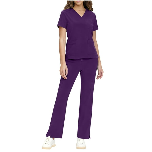 RXMEKW Robe à Manches Courtes pour Femmes, Ensemble d'Uniforme d'Infirmière Confortable avec Col en V et Poches